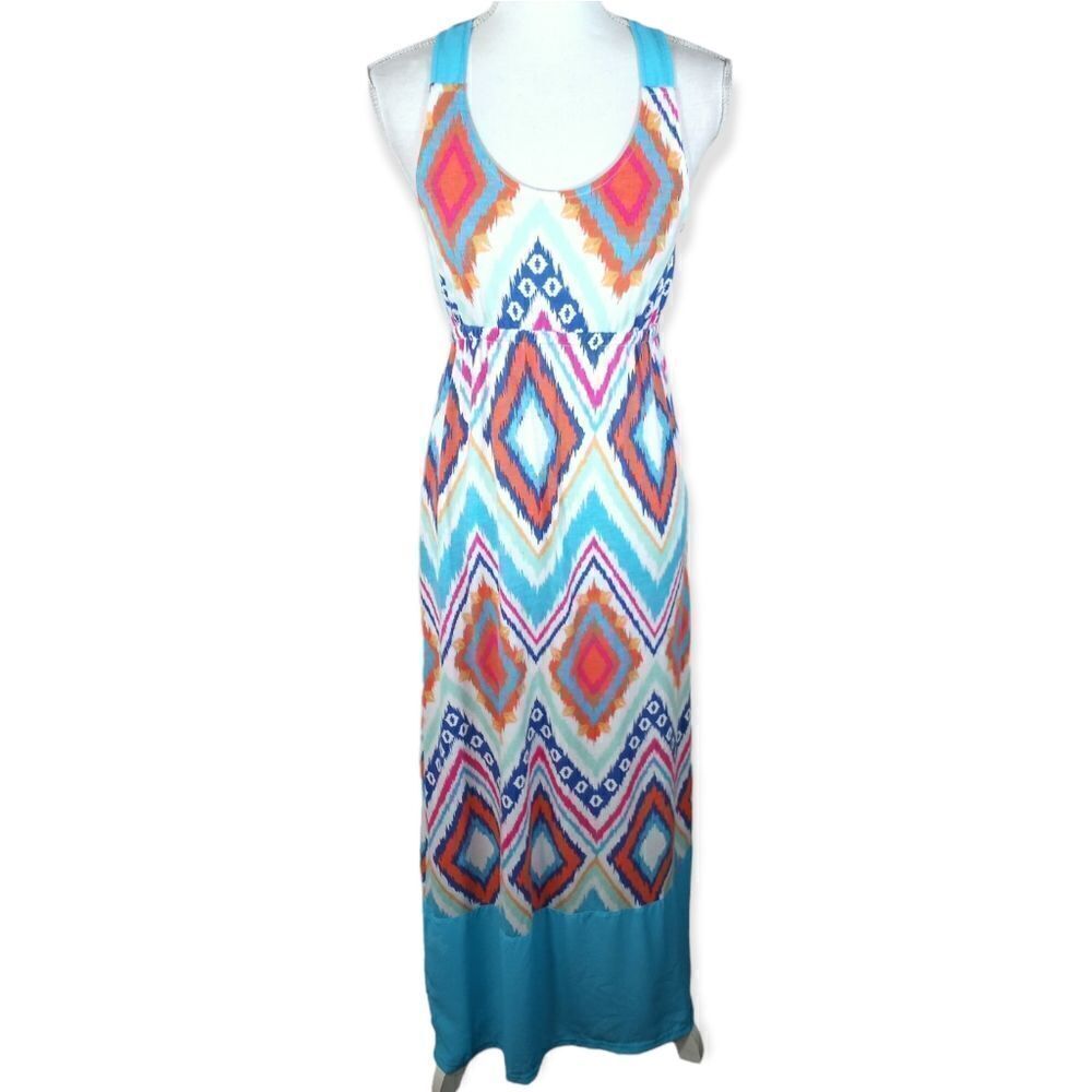 JUST ME TURQUOISE PINK, ORANGE, WHITE, & BLUE MAXI DRESS SZ.S EUC